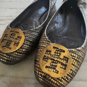 Tory Burch Women's Brown and Gold Reva Flats
